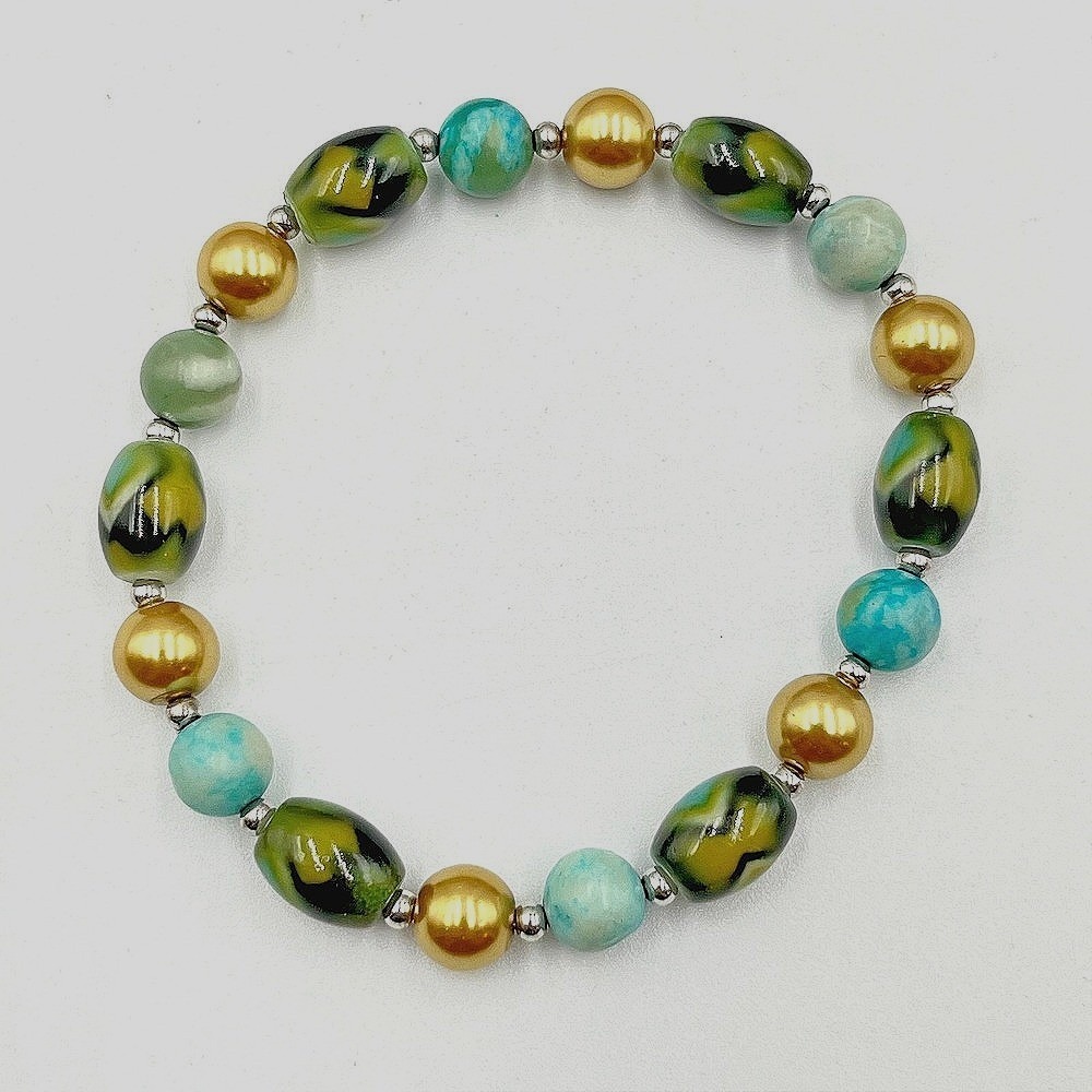 Vintage Earth Tone Beaded Stretch Bracelet Green Art Glass Gold Pearl Accent Y2K